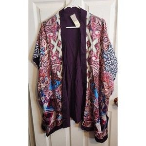 CHICO'S‎ MULTICOLOR PATCHWORK PRINT RUANA WRAP TOP KIMONO S/M NWOT